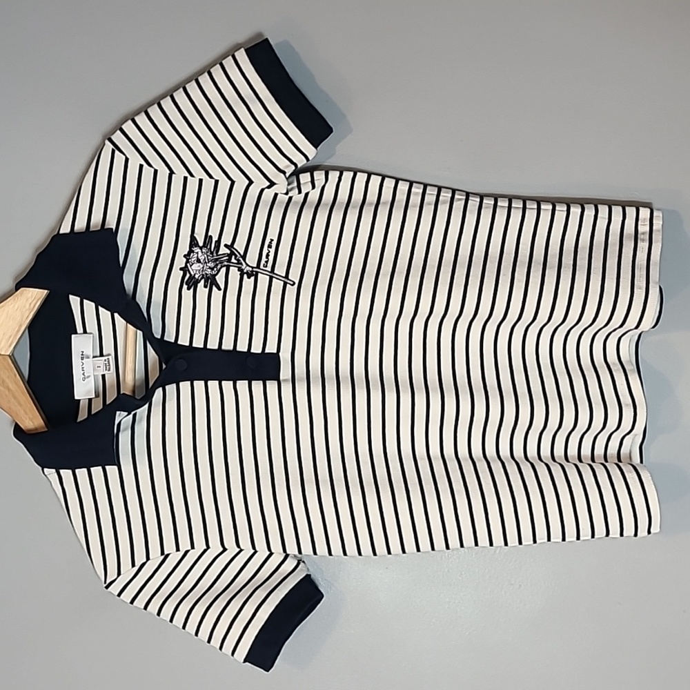CARVEN White Navy Cotton Stripe Polo Shirt Nautical Y2K Sailor Collared Preppy